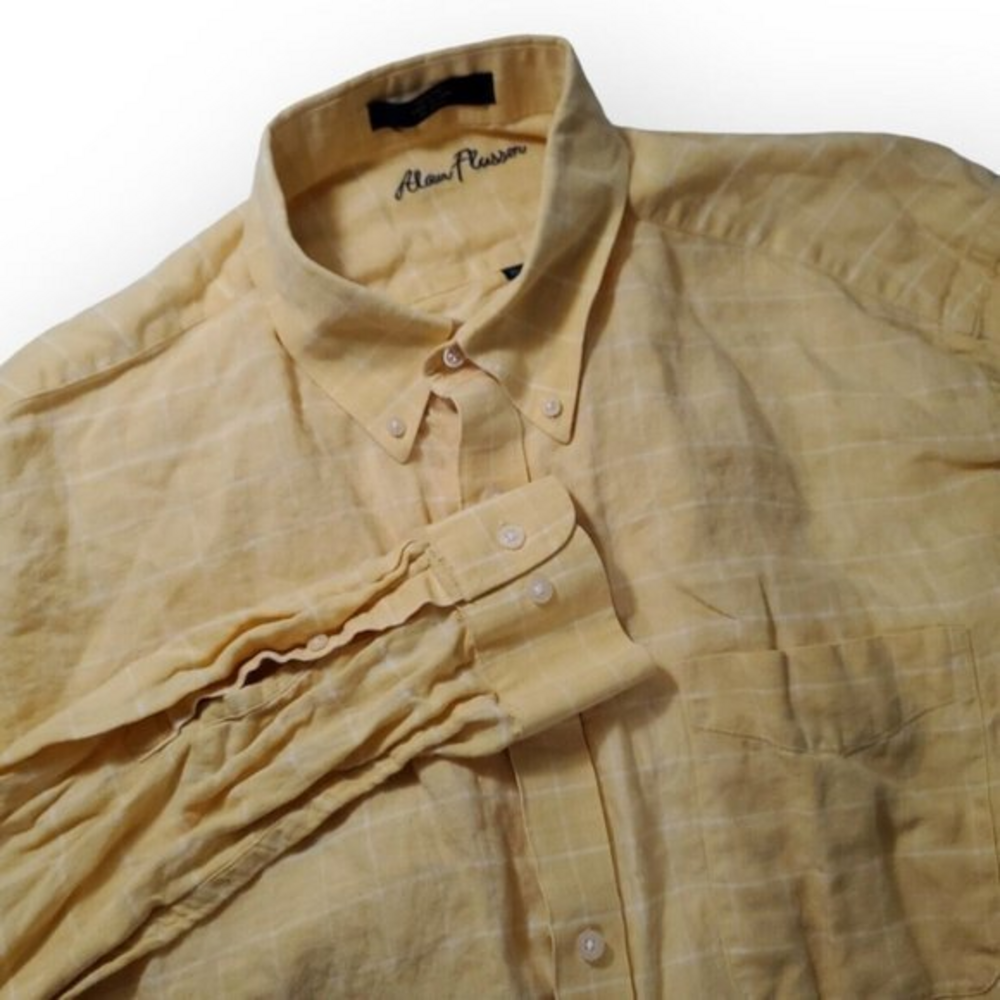 Alan Flusser Men's XL / X-Large 100% Linen Yellow, White Check Long Sleeve Shirt